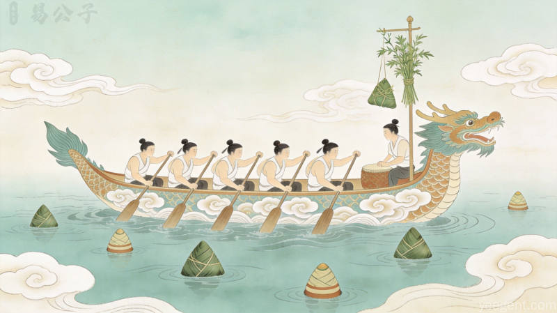 工笔画风格端午节意象，龙舟粽子与艾草菖蒲，祥云点缀，呈现传统节日的文化底蕴