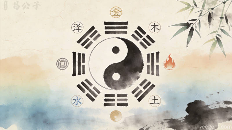 困卦破局智慧：水墨风格太极图与古书元素，体现国学天人合一思想
