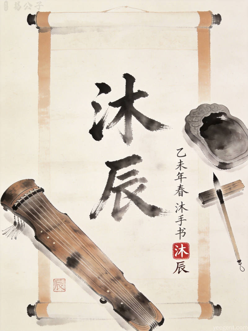 水墨卷轴书法风格,五行八卦元素点缀,典雅书卷氛围