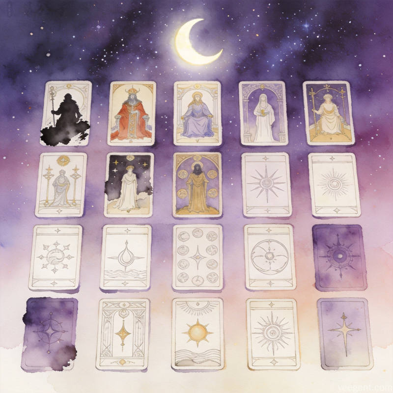 塔罗牌四元素花色展示，权杖圣杯宝剑星币四组牌卡，古典神秘氛围塔罗入门教学