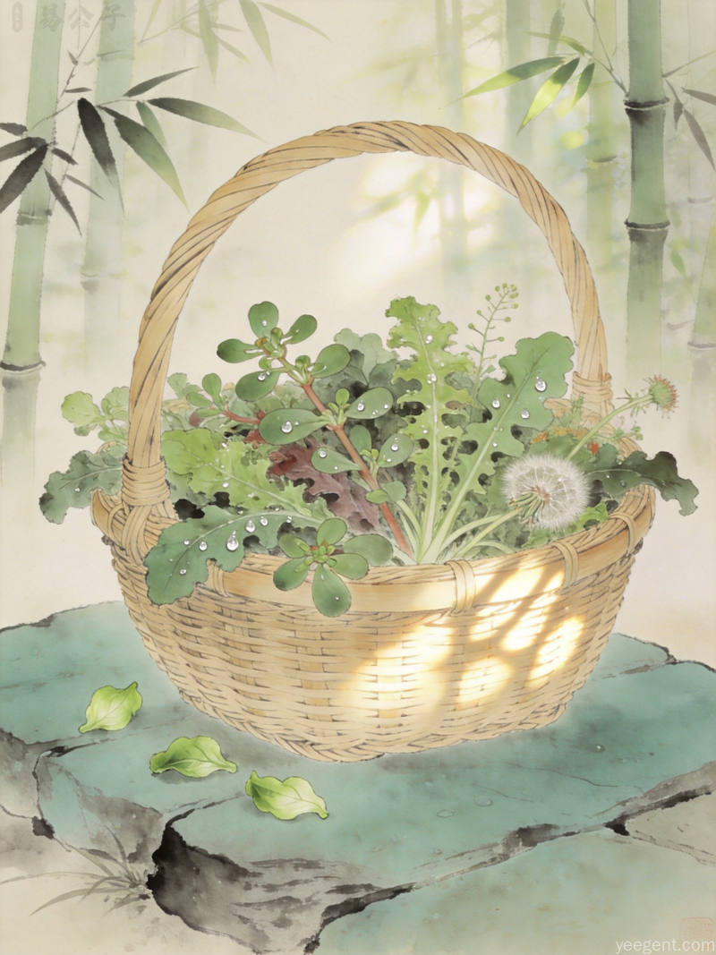传统竹篮中盛放的苦菜、马齿苋等野菜,搭配清绿茶盏,体现小满吃苦的养生传统