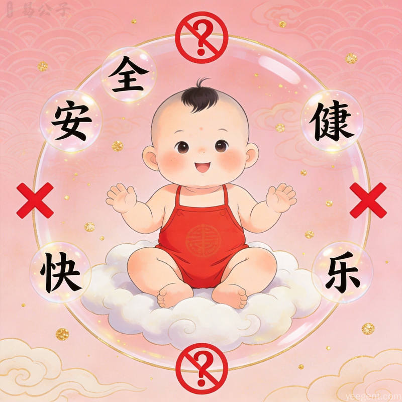 宝宝取名避雷指南插图:可爱宝宝被汉字环绕形成保护罩,象征名字对孩子的守护作用