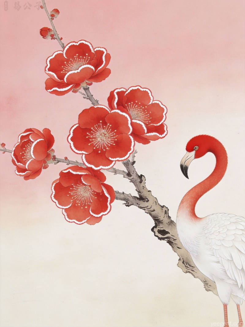 梅花火鹤工笔画:盛开的红梅与优雅火鹤结合,工笔精细,色彩明快热烈,展现典雅精致风格