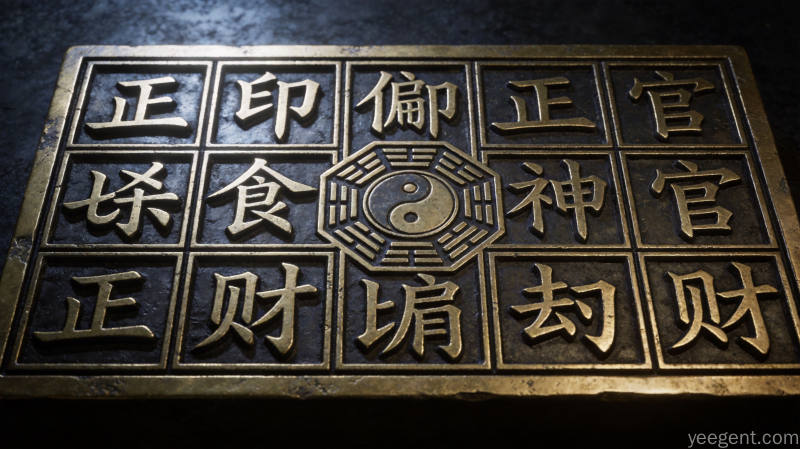 金石篆刻风格的十神符号图案,展示正印、偏印、正官、七杀、食神等十个篆刻印章,体现传统命理庄严神秘