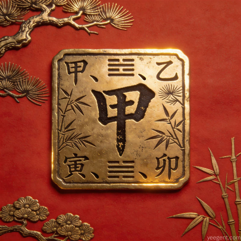 甲木篆刻符号图:篆书甲字与天干地支符号结合,金石古朴质感展现八字命理的文化底蕴