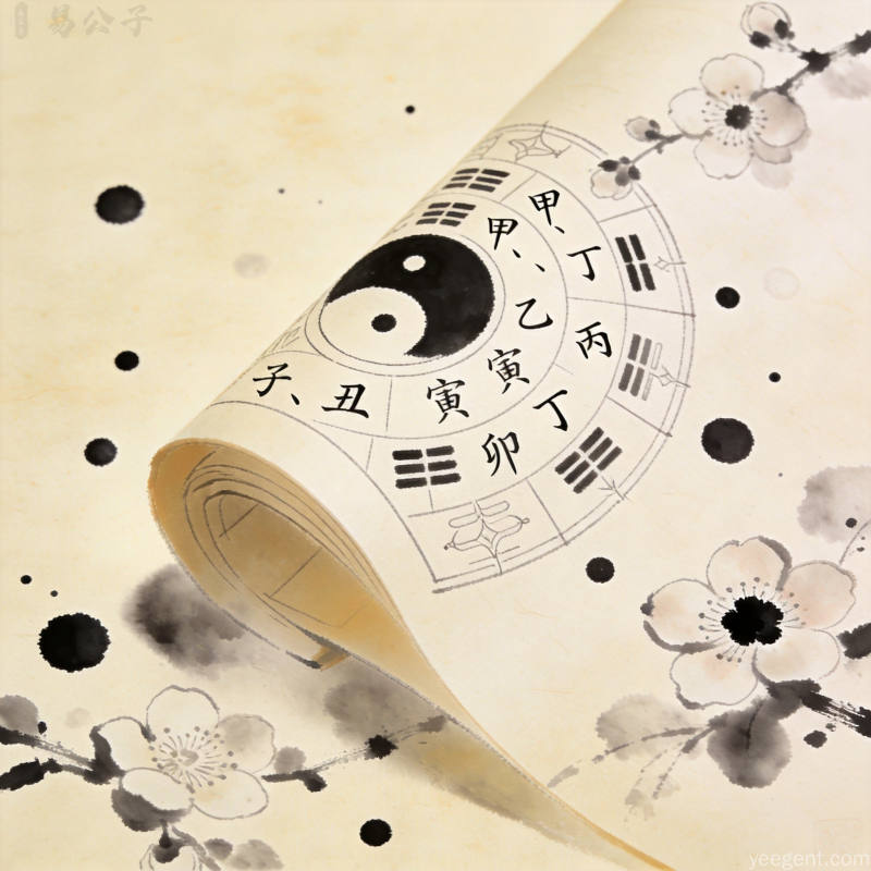 命盘宣纸图:传统命盘局部展示天干地支五行生克图示,宣纸书卷气呈现古典命理雅致氛围