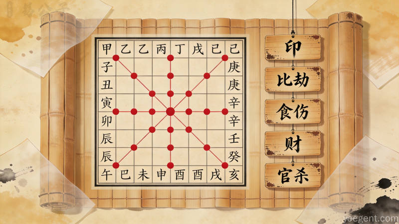 古籍书页质感的命盘图案，展示十天干十二地支排列组合，体现传统国学十神智慧