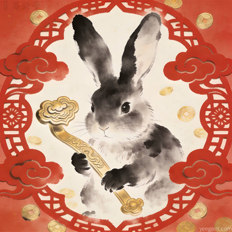 生肖兔猴调整心态图:传统剪纸纹样与吉祥元素,古典雅致节日氛围