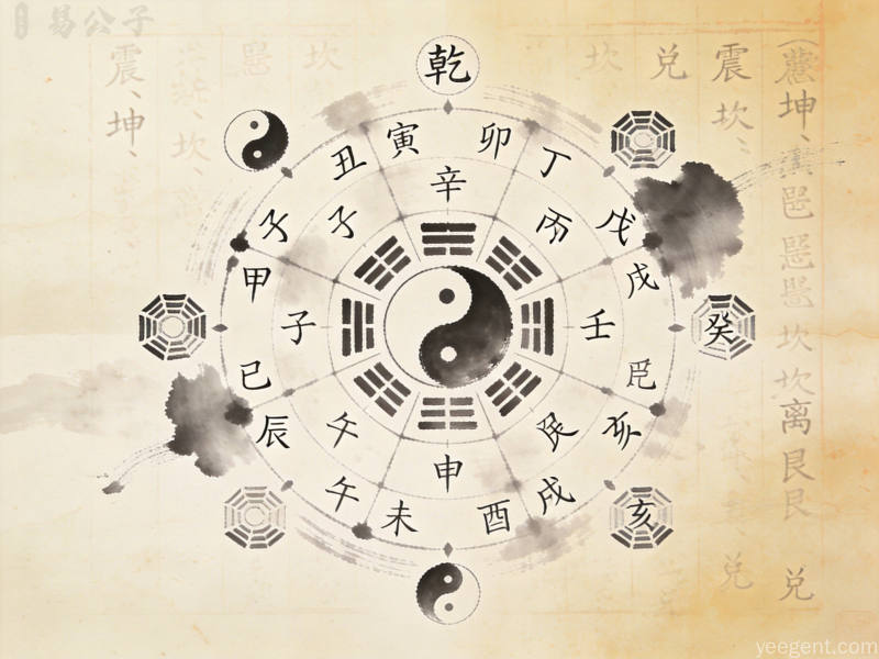 八字命理古籍:滴天髓、渊海子平经典命理典籍,水墨书卷风格