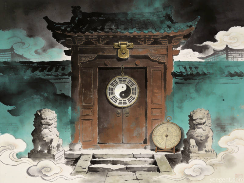 卧室环境布局示意图,水墨山水风格,床头朝向与门窗位置关系,宁静祥和