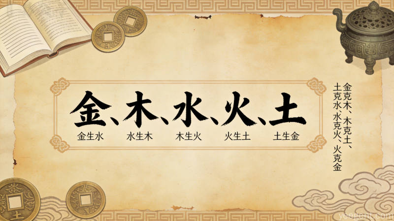 古籍质感的五行相生相克示意图,金木水火土五种元素以传统书法呈现,展现传统命理文化厚重底蕴