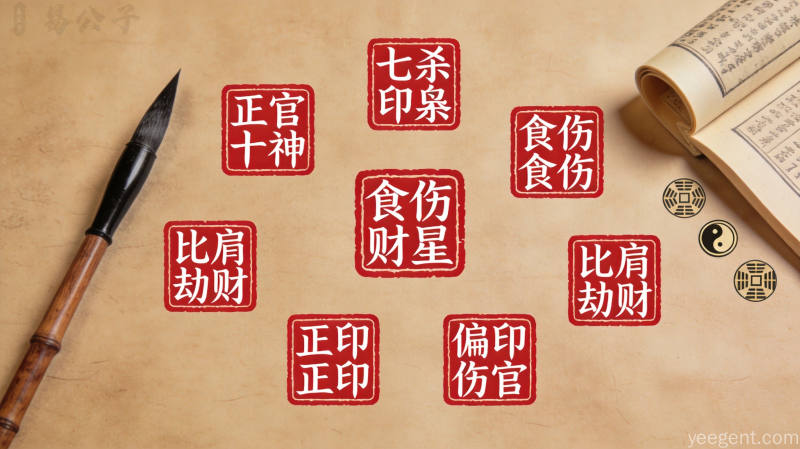 印章风格的十神系统图解,正官七杀印枭食伤财星以篆刻印章形式呈现,庄重典雅展现命理文化精髓