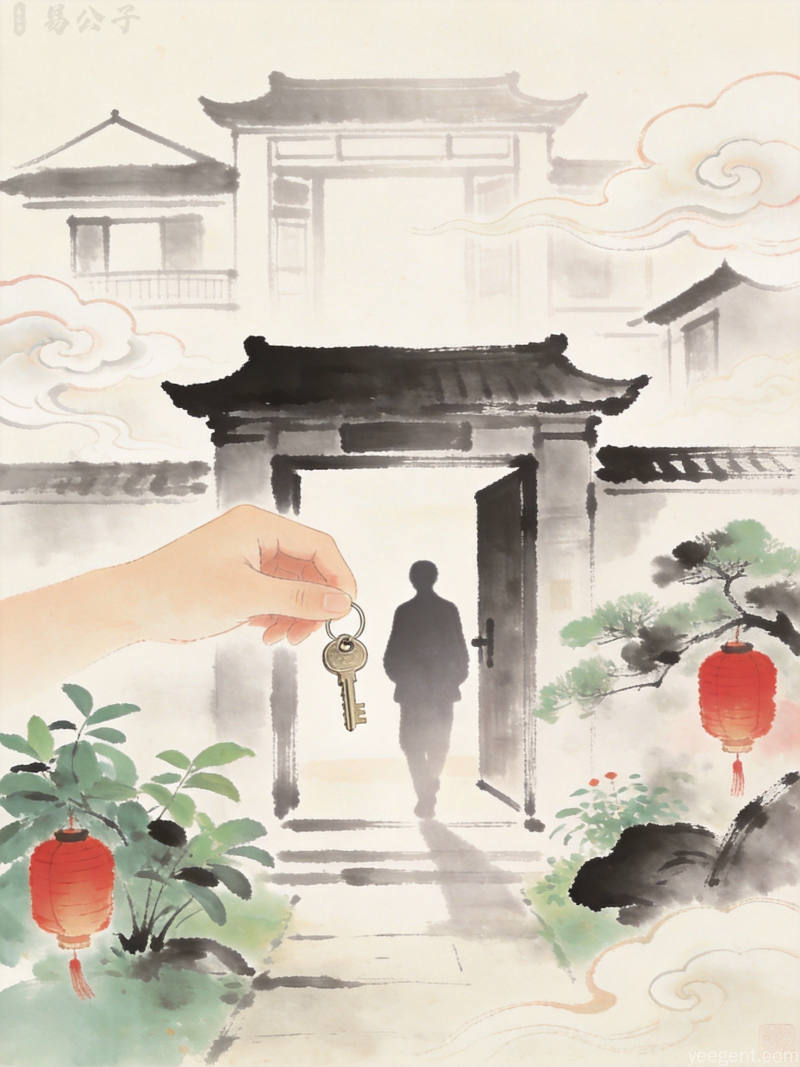 水墨风格搬家入宅吉祥图,新居门口摆放红色中国结与绿植,元宝与铜钱点缀,寓意富贵吉祥、乔迁之喜