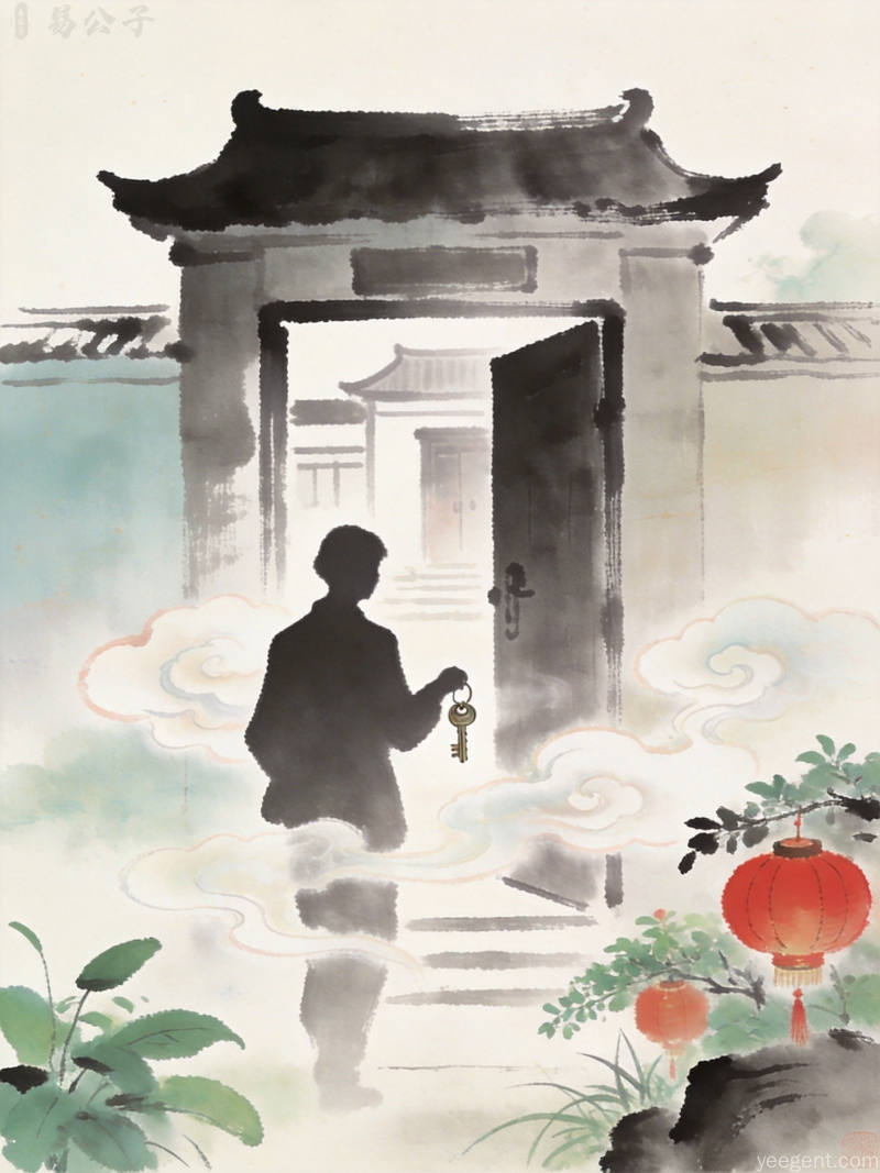 现代简约风格搬家入宅图,一家人喜迁新居、其乐融融,门口摆放行李箱与绿植,温馨氛围十足