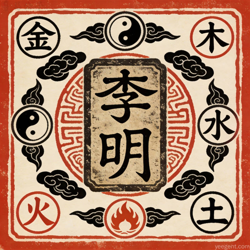 五行符号金木水火土环绕古朴姓名牌,印章风格呈现庄重典雅的传统文化气息