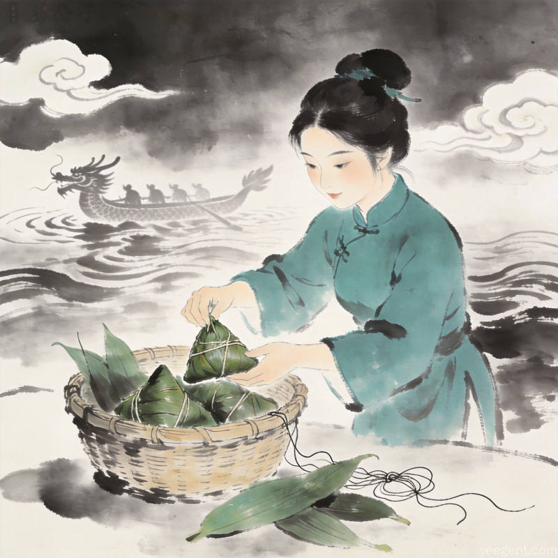 国潮插画风格端午节图,艾草与香囊元素,中国传统节日氛围,喜庆吉祥