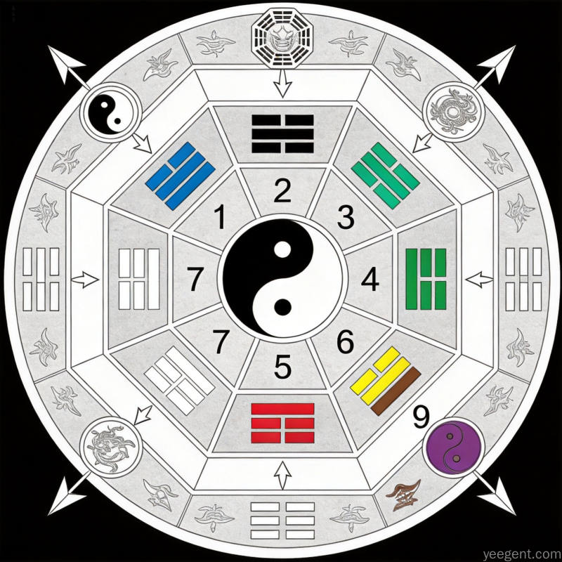 现代住宅平面图,标注各房间方位与吉凶方位分布,配简洁的方位指南