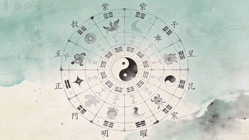 紫微斗数星曜图解,十四主星落宫原理,水墨星图与宣纸纹理结合,祥瑞深邃意境