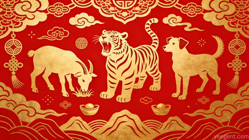 金线风格生肖狗图案，忠诚正直气质，寓意属狗人踏实靠谱的品格