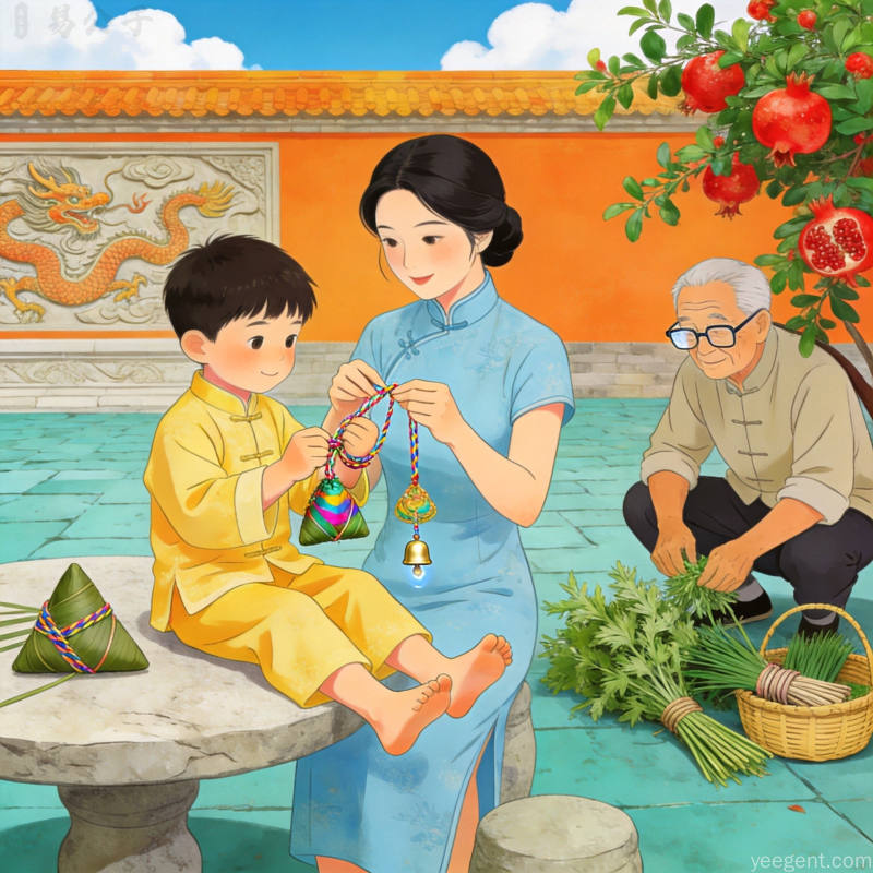端午节国潮插画风格民俗场景,家庭悬挂艾草孩童佩戴香囊,热闹祥和氛围