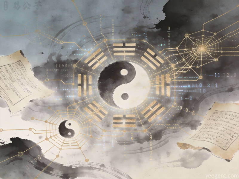 太极阴阳图案与数字代码融合,体现道家智慧与AI逻辑的共通