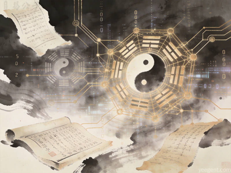 古代学者与现代科技元素对话,象征易经智慧与AI时代的交融