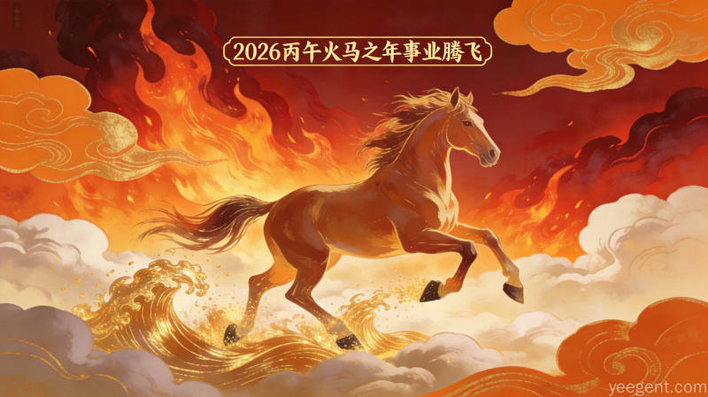 属马人五行能量解析,水墨渐变风格五行八卦图案,象征火马之年能量转换与调和