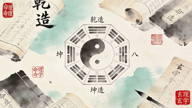 古籍命理风格太极八卦图,四角环绕线装古籍与篆刻印章,水墨晕染呈现传统命理学术氛围