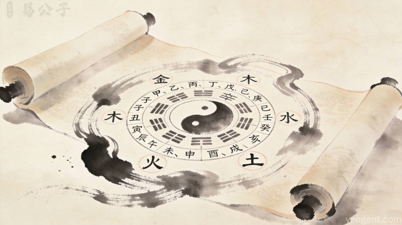 水墨风格太极八卦命盘图,包含天干地支与五行符号,宣纸纹理背景,呈现古朴神秘的东方命理意境
