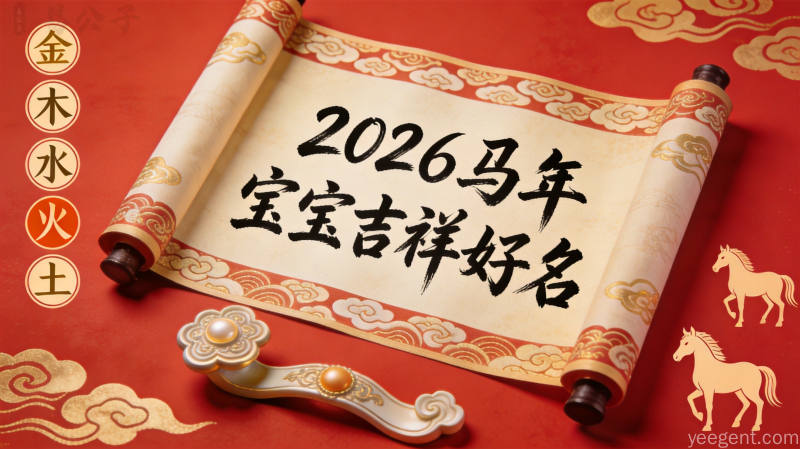 2026马年宝宝吉祥起名主题画面,五行元素与骏马剪影,古典卷轴书法呈现喜庆祥瑞氛围