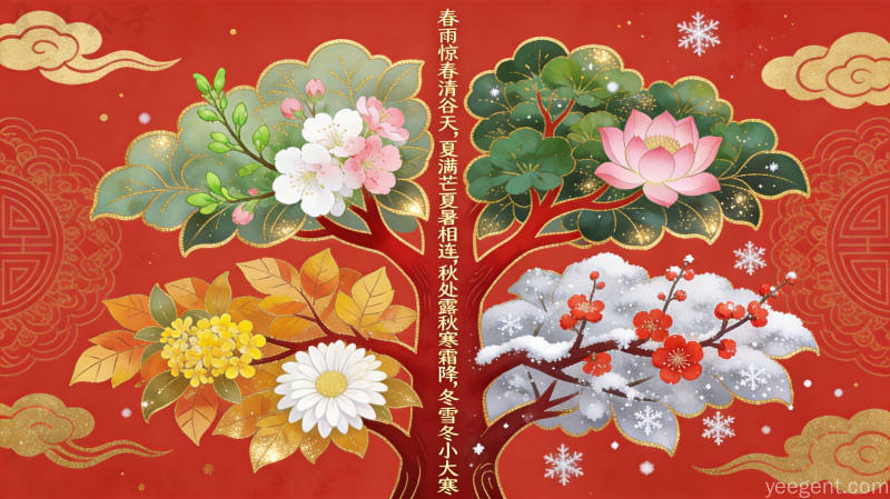 传统书法风格的二十四节气处世哲学图,写有春生夏长秋收冬藏与二十四节气歌,中国人的时间哲学