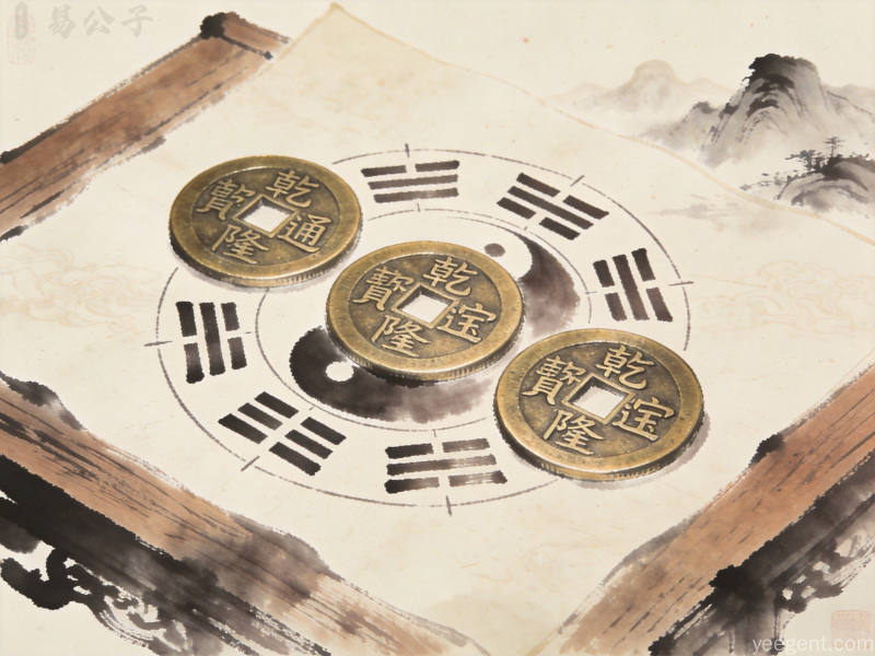 六爻传统文调理读心念凝聚图，展示静坐冥想与八卦阵图，象征人天感应的传统文化内涵