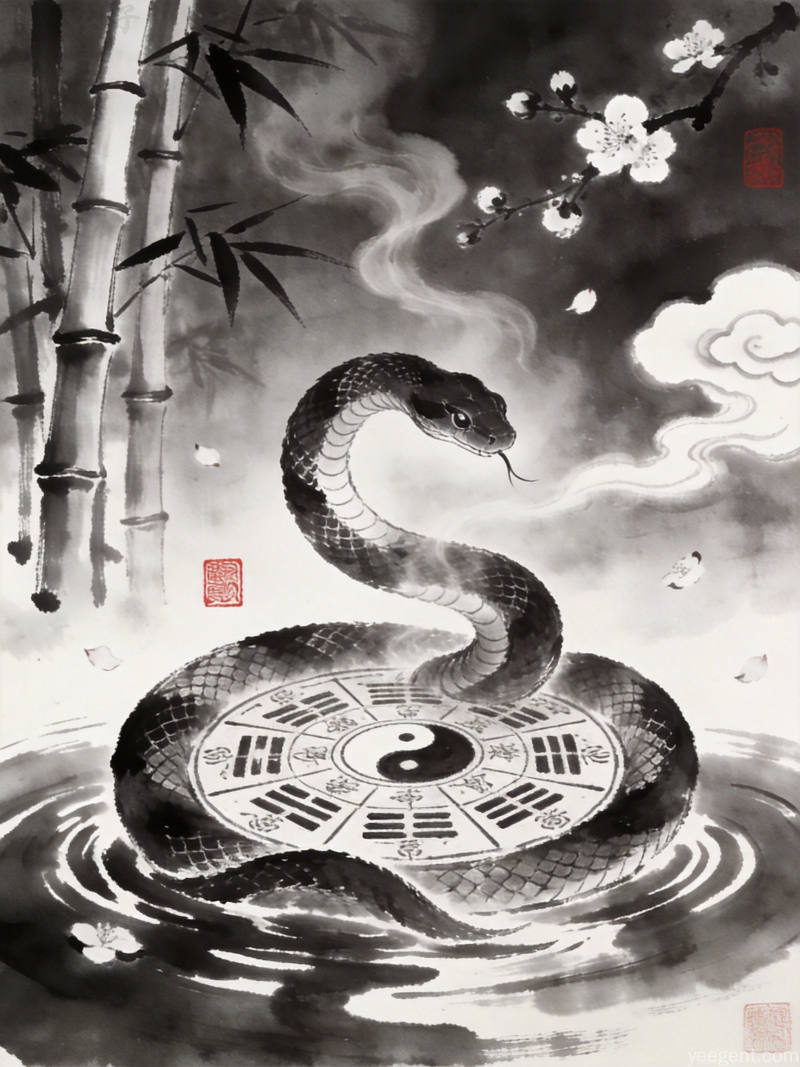 传统纹样中景图，祥云缭绕中的蛇形纹饰，体现古典祥瑞宁静的国风美学