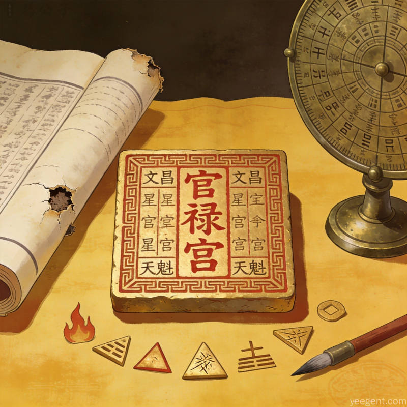 金石篆刻风格职场事业插画,画面展示官禄宫的命盘解读场景,古籍书页和五行符号点缀其中