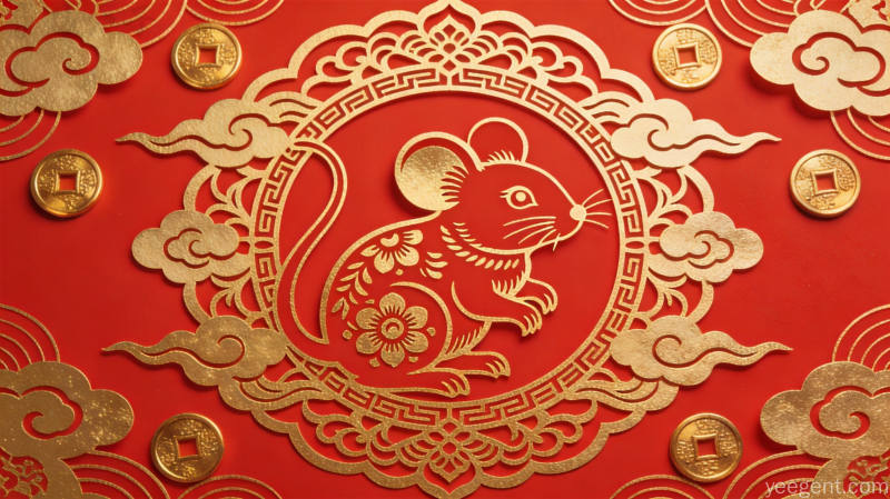 国潮插画生肖鼠与传统吉祥纹样组合,牡丹桃花图案,古典雅致祥瑞意境