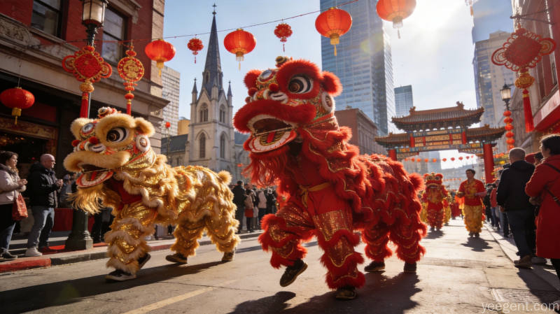 海外唐人街春节庆典,舞狮队伍穿行西方建筑街道,中西方文化交融的节日盛况