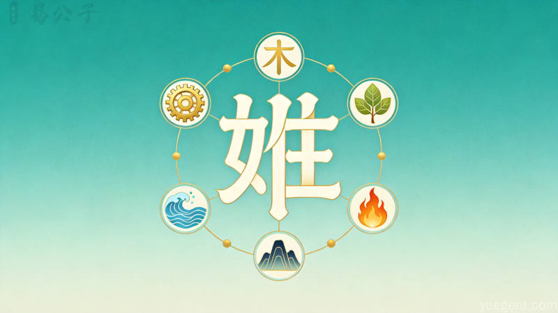 国潮插画风格展示汉字笔画与五行符号的对应关系,现代扁平设计