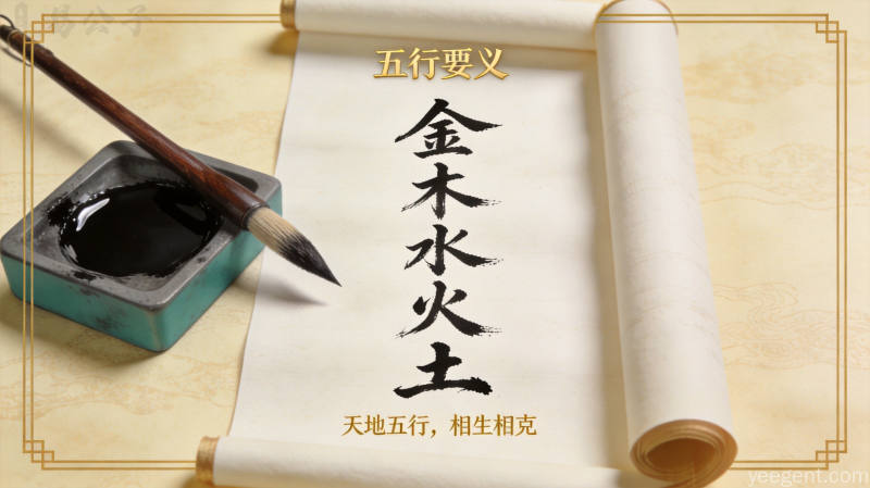 五行取名文化中金木水火土对应汉字的书法卷轴展示,含毛笔砚台与宣纸纹理