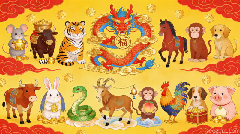 十二生肖吉祥图案国潮风格,传统民俗文化意象