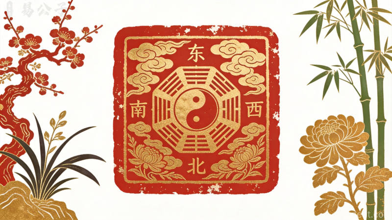 红色篆刻风格的面部方位图,金色底纹配以梅兰竹菊纹饰庄重典雅