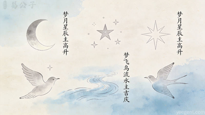 宣纸纹理上的古代解梦符号图谱,月亮星辰与飞鸟流水的手绘图案