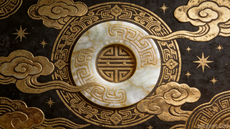 古铜器纹样底纹上的太极玉璧特写,云纹星辰环绕传统厚重质感