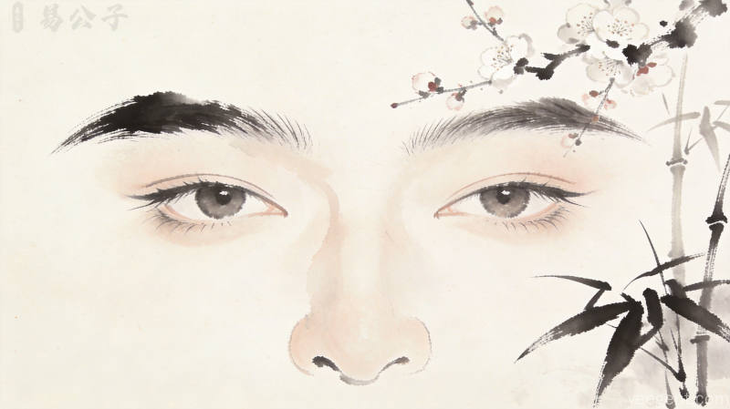 水墨留白风格的五官抽象描绘,眉眼鼻的水墨笔触配以梅花竹子点缀