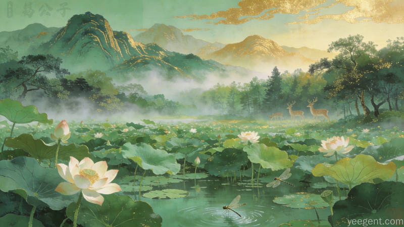 青绿山水风格的夏日荷塘远景,荷花盛开晨雾缭绕
