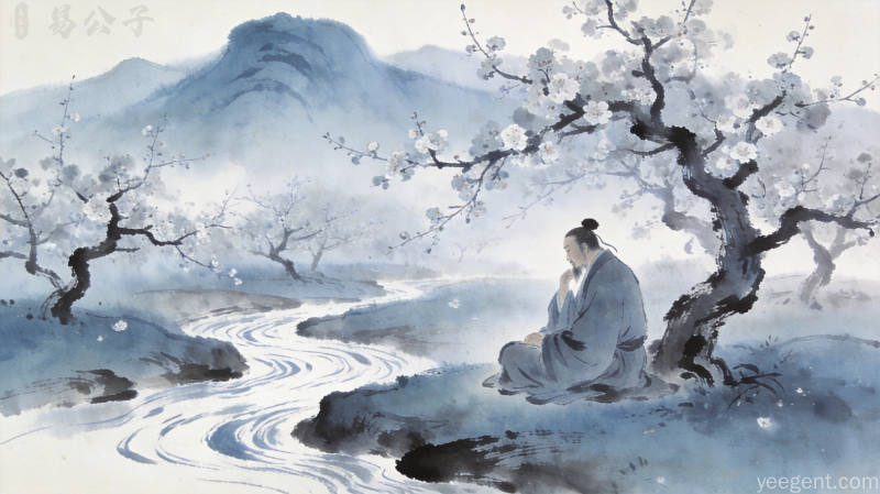 水墨晕染风格的宋代学者梅花树下静坐沉思,远山如黛