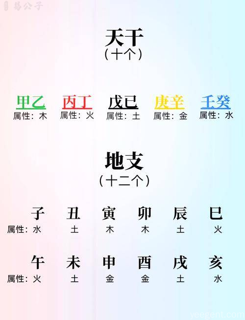 天干地支五行属性对照图:展示木火土金水五行与十天干十二地支的对应关系