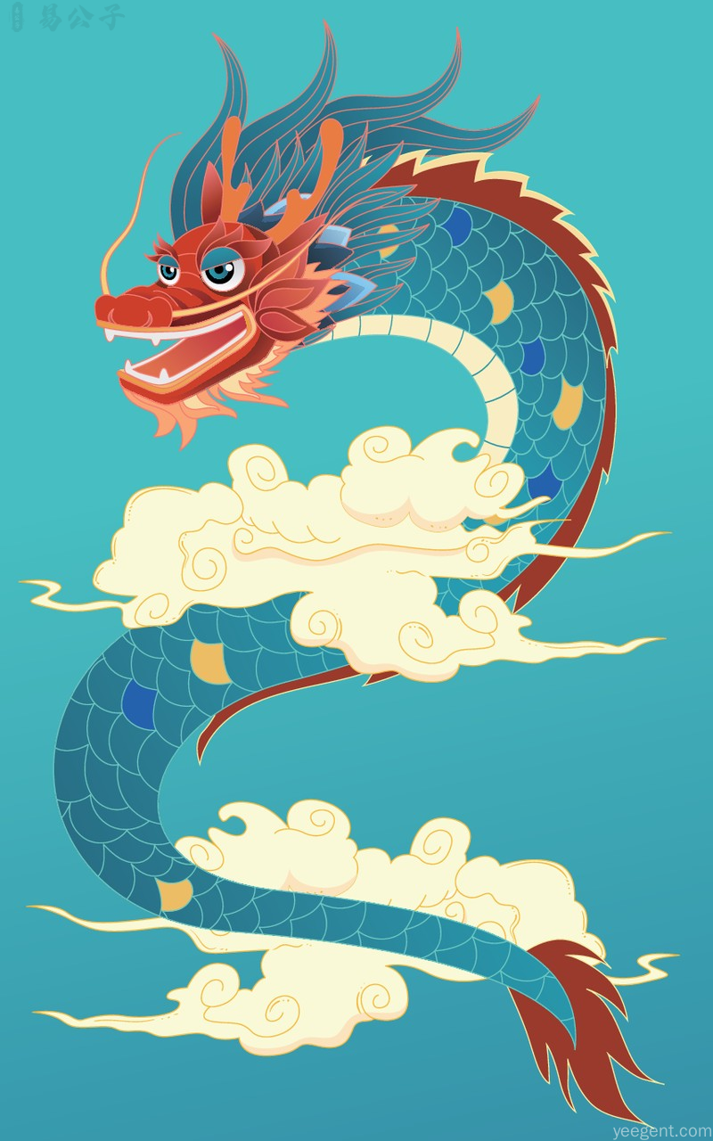 蓝色中国龙穿梭云海,姿态灵动威严,象征属龙人5月事业突破腾飞