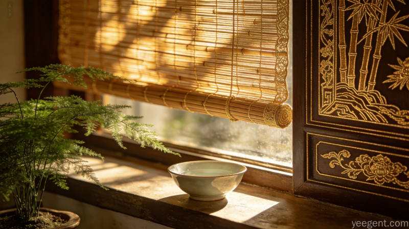 传统居室特写,竹帘光影与窗台清水瓷碗及文竹盆栽