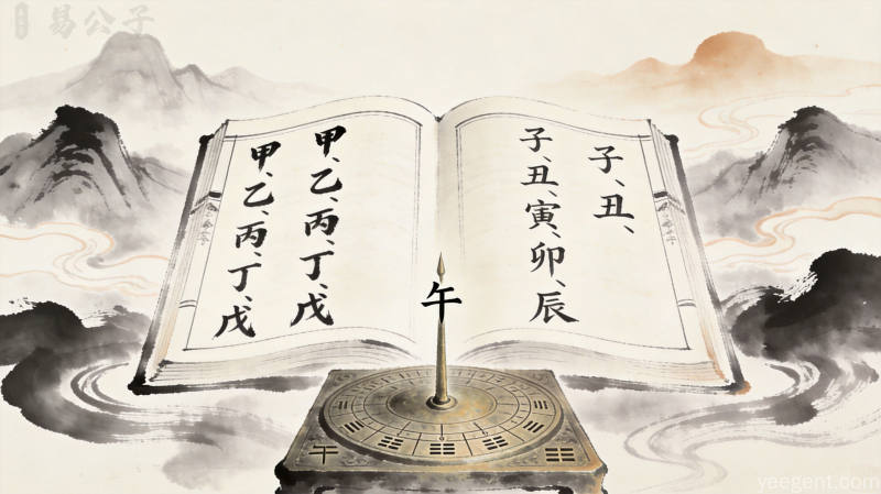 八字命理入门这5大误区90%的新手都踩过配图——天干地支、水墨渐变风格、古书传统美学插画