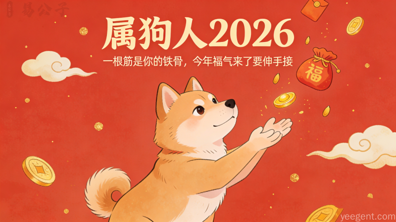 属狗人2026年财位布局图:卡通柴犬迎接金色铜钱与福袋的吉祥画面,寓意福气盈门财源广进